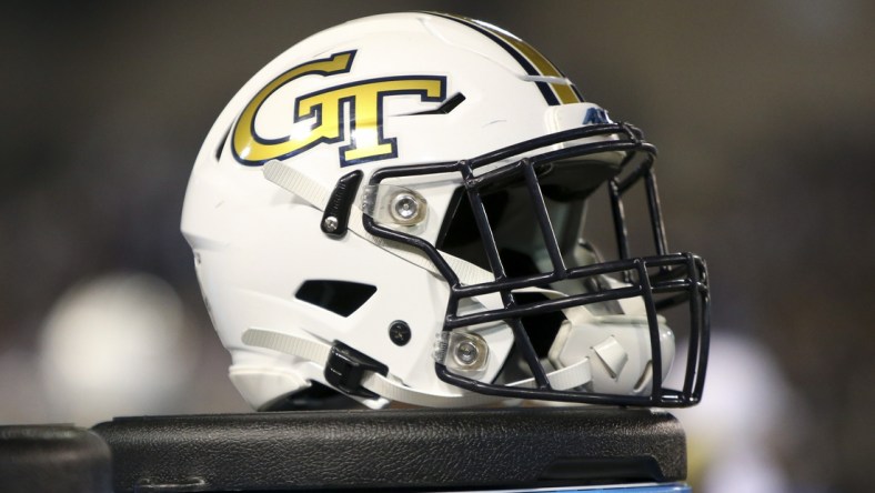 Nov 21, 2019; Atlanta, GA, USA; Georgia Tech Yellow Jackets helmet is seen on the sideline in the first half against the North Carolina State Wolfpack at Bobby Dodd Stadium. Mandatory Credit: Brett Davis-USA TODAY Sports