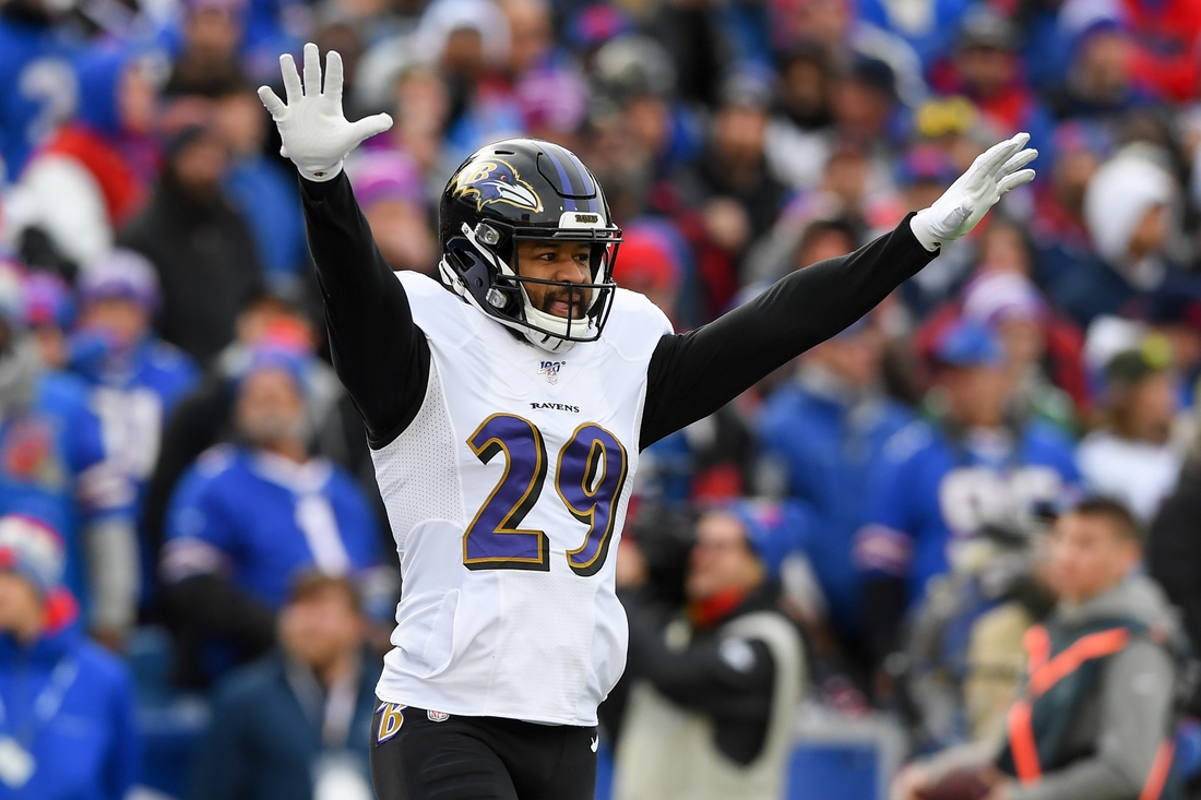 Dec 8, 2019; Orchard Park, NY, USA; Baltimore Ravens free safety Earl Thomas (29) reacts to a defensive play against the Buffalo Bills during the second quarter at New Era Field. Mandatory Credit: Rich Barnes-USA TODAY Sports