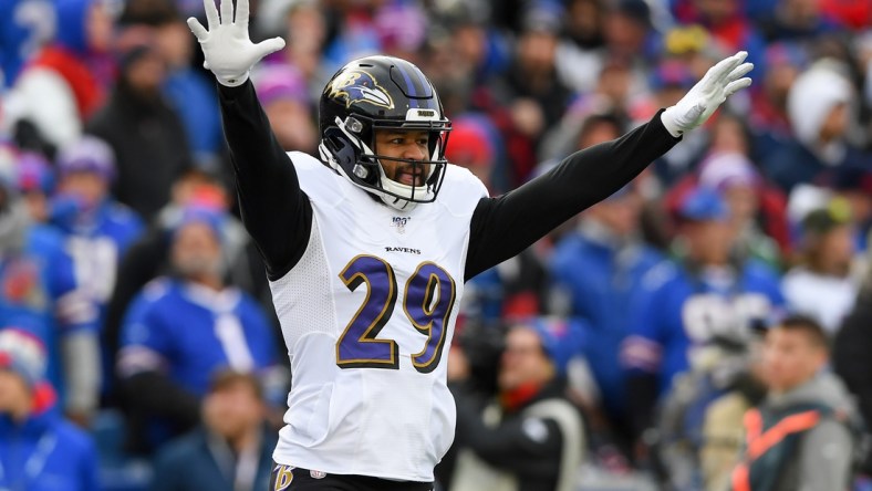 Dec 8, 2019; Orchard Park, NY, USA; Baltimore Ravens free safety Earl Thomas (29) reacts to a defensive play against the Buffalo Bills during the second quarter at New Era Field. Mandatory Credit: Rich Barnes-USA TODAY Sports