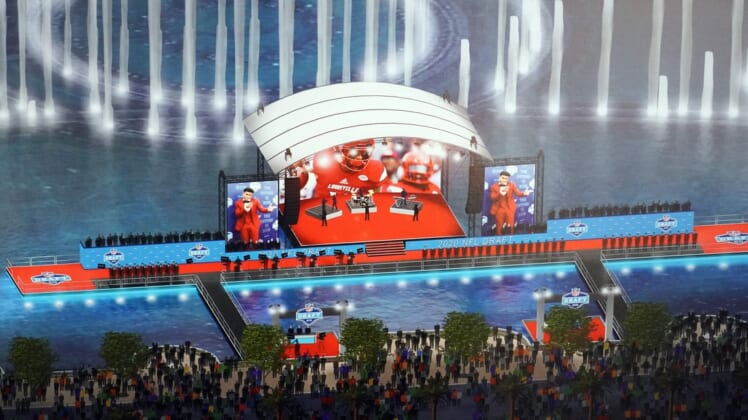 Jan 30, 2020; Miami, Florida, USA; Artist rendering of the 2020 NFL Draft stage in Las Vegas on the lake in front of the Bellagio hotel with boats ferrying players and VIPs to the action on display at he Super Bowl LIV Experience at the Miami Beach Convention Center. Mandatory Credit: Kirby Lee-USA TODAY Sports