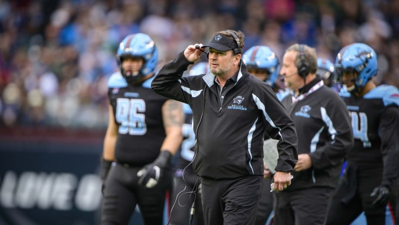 Feb 9, 2020; Arlington, Texas, USA; Dallas Renegades head coach Bob Stoops during the first quarter against the St. Louis Battlehawks in an XFL football game at Globe Life Park. Mandatory Credit: Jerome Miron-USA TODAY Sports