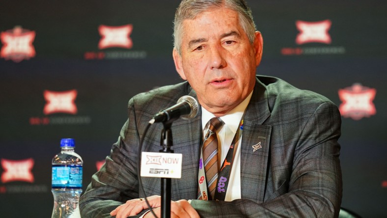 Mar 12, 2020; Kansas City, Missouri, USA; Big 12 commissioner Bob Bowlsby announces to media that Big 12 Tournament games are canceled at Sprint Center. Mandatory Credit: Jay Biggerstaff-USA TODAY Sports