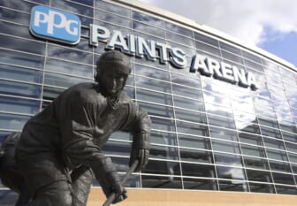 Mar 15, 2020; Pittsburgh, Pennsylvania, USA;  General exterior view of the Mario Lemieux statue outside the PPG PAINTS Arena as the NHL game scheduled between the Pittsburgh Penguins and the New York Islanders was suspended due to COVID-19 coronavirus concerns.  Mandatory Credit: Charles LeClaire-USA TODAY Sports