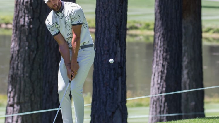 Stephen Curry putts during the ACC Golf Tournament at Edgewood Tahoe Golf Course in South Lake Tahoe on Sunday, July 12, 2020.