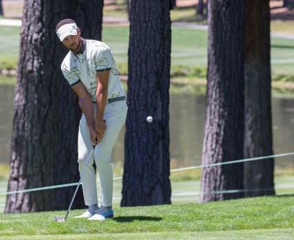 Stephen Curry putts during the ACC Golf Tournament at Edgewood Tahoe Golf Course in South Lake Tahoe on Sunday, July 12, 2020.