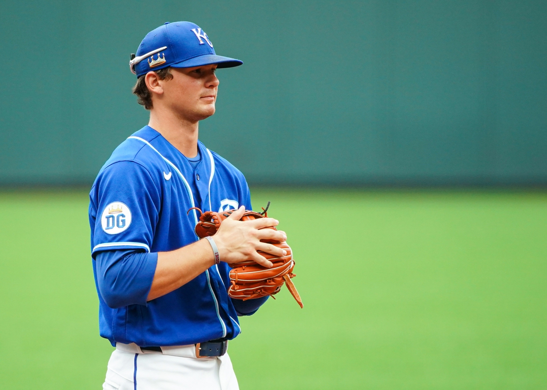 Jul 21, 2020; Kansas City, Missouri, USA; Kansas City Royals shortstop Bobby Witt (90) gets ready to defend against the Houston Astros at Kauffman Stadium. Mandatory Credit: Jay Biggerstaff-USA TODAY Sports