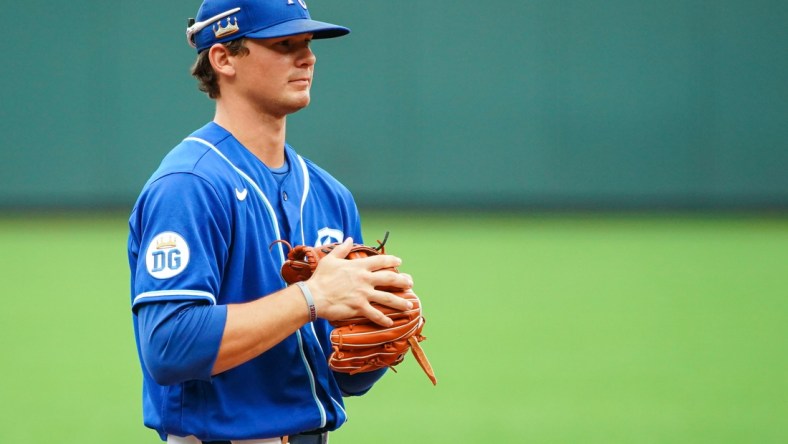 Jul 21, 2020; Kansas City, Missouri, USA; Kansas City Royals shortstop Bobby Witt (90) gets ready to defend against the Houston Astros at Kauffman Stadium. Mandatory Credit: Jay Biggerstaff-USA TODAY Sports