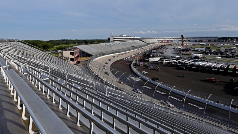 Aug 22, 2020; Dover, Delaware, USA; A view of the empty grandstands during a cation during the NASCAR Cup Series at Dover International Speedway. Mandatory Credit: Peter Casey-USA TODAY Sports