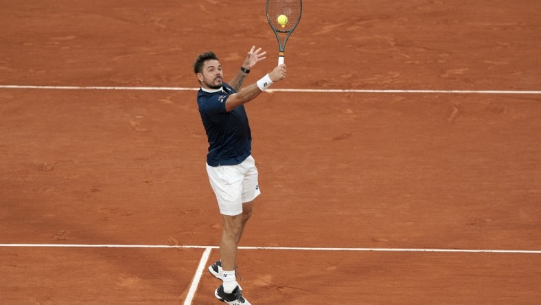 Sep 27, 2020; Paris, France; Stanislas Wawrinka (SUI) in action during his match against Andy Murray (GBR) on day one at Stade Roland Garros. Mandatory Credit: Susan Mullane-USA TODAY Sports