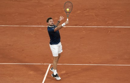 Sep 27, 2020; Paris, France; Stanislas Wawrinka (SUI) in action during his match against Andy Murray (GBR) on day one at Stade Roland Garros. Mandatory Credit: Susan Mullane-USA TODAY Sports