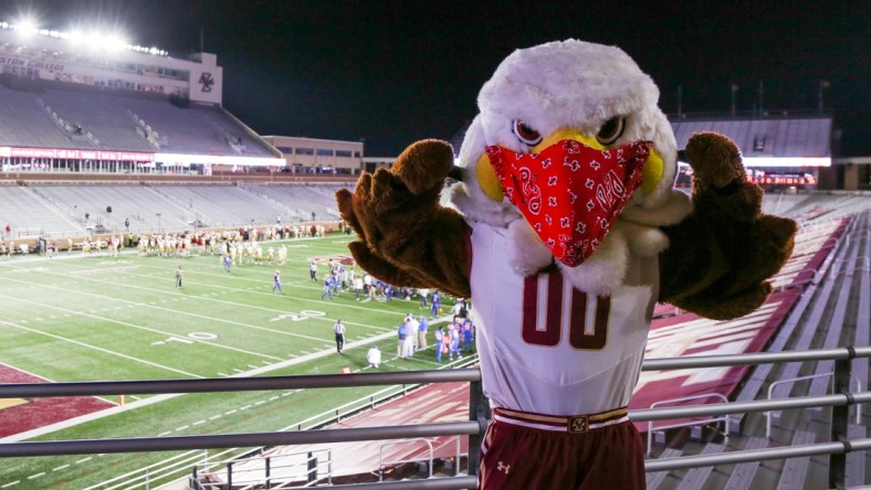 Oct 10, 2020; Chestnut Hill, Massachusetts, USA; The Boston College Eagles mascot during the second half against the Pittsburgh Panthers at Alumni Stadium. Mandatory Credit: Paul Rutherford-USA TODAY Sports