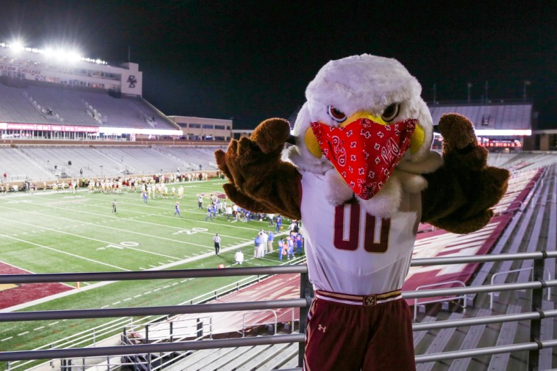 Oct 10, 2020; Chestnut Hill, Massachusetts, USA; The Boston College Eagles mascot during the second half against the Pittsburgh Panthers at Alumni Stadium. Mandatory Credit: Paul Rutherford-USA TODAY Sports
