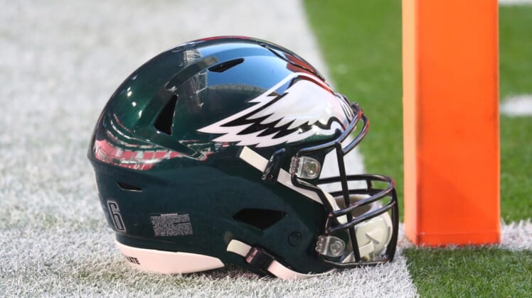 Dec 20, 2020; Glendale, Arizona, USA; Detailed view of a Philadelphia Eagles helmet against the Arizona Cardinals at State Farm Stadium. Mandatory Credit: Mark J. Rebilas-USA TODAY Sports