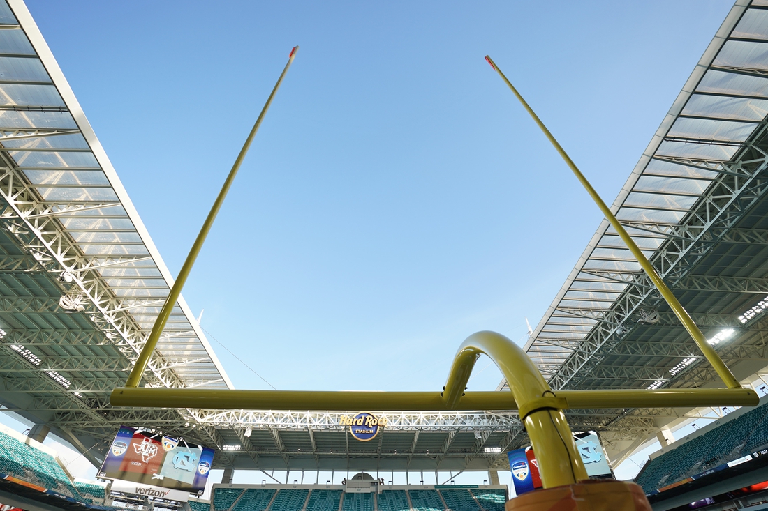 Jan 2, 2021; Miami Gardens, FL, USA; A general view of an upright in the end zone prior to the game between the Texas A&M Aggies and the North Carolina Tar Heels at Hard Rock Stadium. Mandatory Credit: Jasen Vinlove-USA TODAY Sports