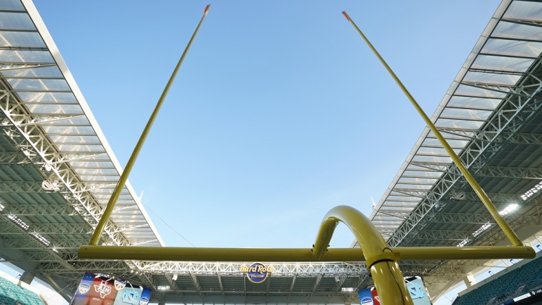 Jan 2, 2021; Miami Gardens, FL, USA; A general view of an upright in the end zone prior to the game between the Texas A&M Aggies and the North Carolina Tar Heels at Hard Rock Stadium. Mandatory Credit: Jasen Vinlove-USA TODAY Sports