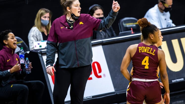 Minnesota head coach Lindsay Whalen calls out to players during a NCAA Big Ten Conference women's basketball game, Wednesday, Jan. 6, 2021, at Carver-Hawkeye Arena in Iowa City, Iowa.210106 Minn Iowa Wbb 013 Jpg