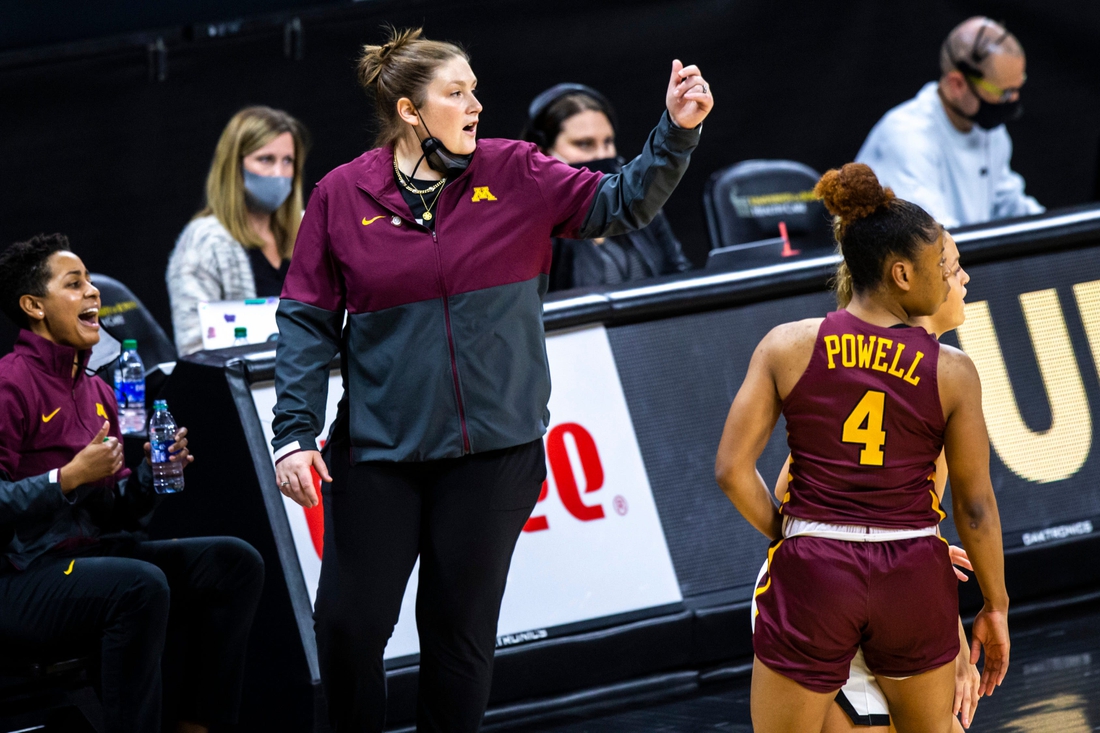 Minnesota head coach Lindsay Whalen calls out to players during a NCAA Big Ten Conference women's basketball game, Wednesday, Jan. 6, 2021, at Carver-Hawkeye Arena in Iowa City, Iowa.

210106 Minn Iowa Wbb 013 Jpg