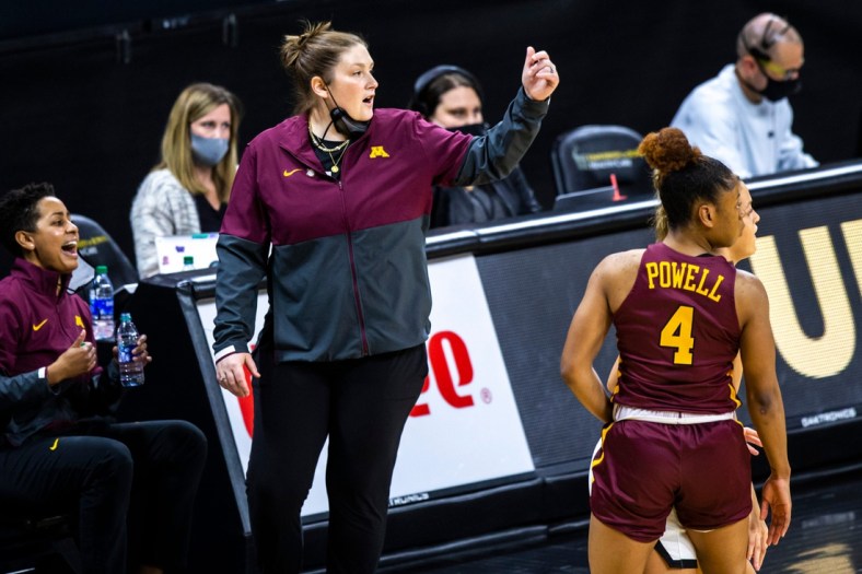 Minnesota head coach Lindsay Whalen calls out to players during a NCAA Big Ten Conference women's basketball game, Wednesday, Jan. 6, 2021, at Carver-Hawkeye Arena in Iowa City, Iowa.

210106 Minn Iowa Wbb 013 Jpg