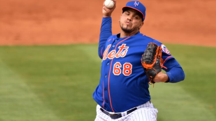 Mar 4, 2021; Port St. Lucie, Florida, USA; New York Mets relief pitcher Dellin Betances (68) pitches against the Washington Nationals in the fifth inning of a spring training game at Clover Park. Mandatory Credit: Jim Rassol-USA TODAY Sports