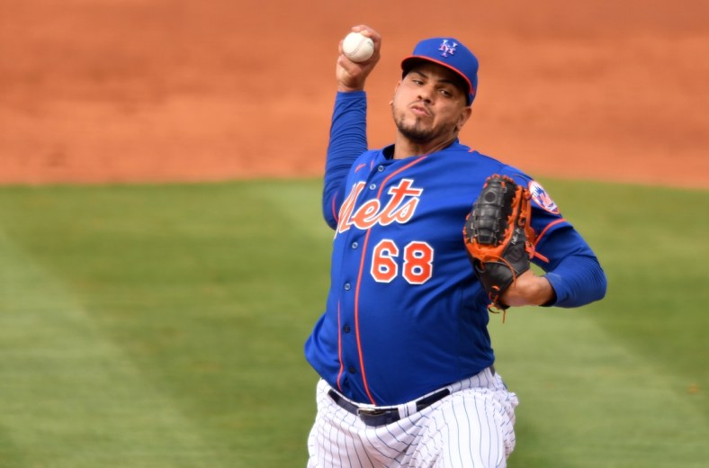 Mar 4, 2021; Port St. Lucie, Florida, USA; New York Mets relief pitcher Dellin Betances (68) pitches against the Washington Nationals in the fifth inning of a spring training game at Clover Park. Mandatory Credit: Jim Rassol-USA TODAY Sports