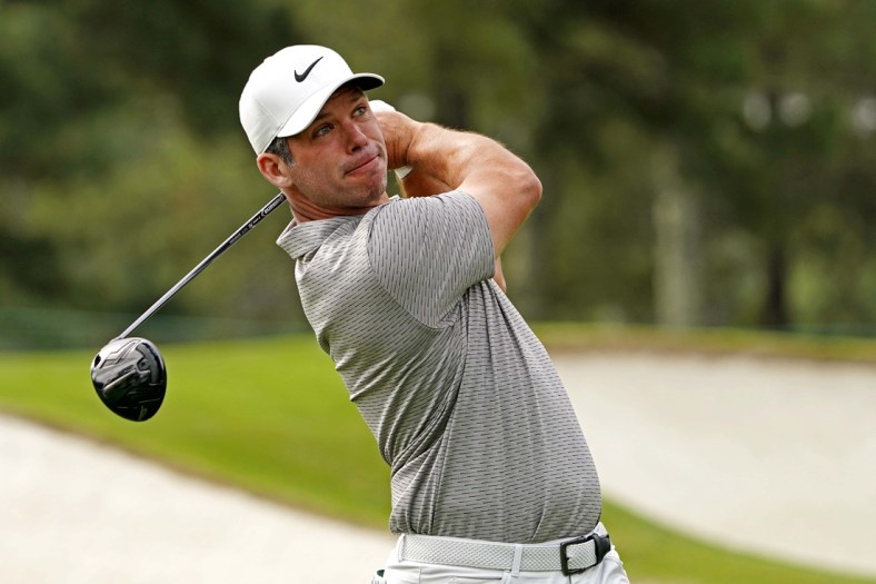 Apr 10, 2021; Augusta, Georgia, USA; Paul Casey plays his shot from the third tee during the third round of The Masters golf tournament. Mandatory Credit: Michael Madrid-USA TODAY Sports