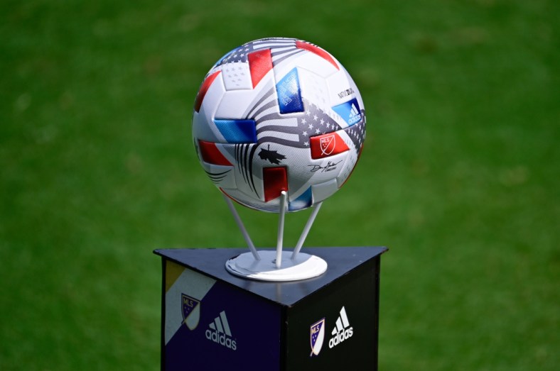 Apr 17, 2021; Orlando, Florida, USA; General view of the MLS soccer ball prior to the game between the Orlando City SC and the Atlanta United FC at Orlando City Stadium. Mandatory Credit: Douglas DeFelice-USA TODAY Sports