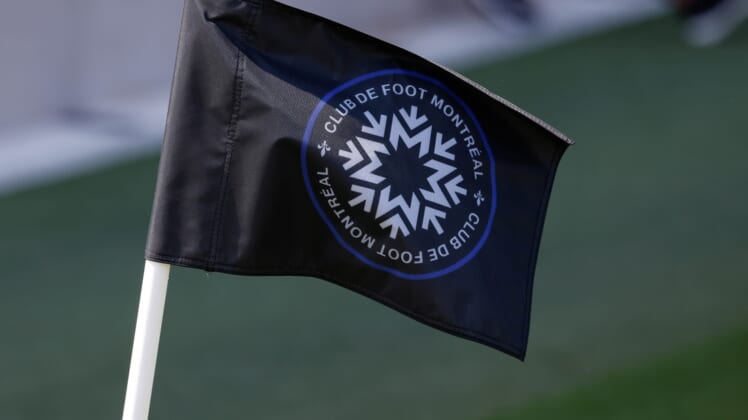Apr 17, 2021; Fort Lauderdale, FL, Fort Lauderdale, FL, USA;   A detailed view of a corner flag with the logo of CF Montreal on the pitch during the second half between CF Montreal and Toronto FC at DRV PNK Stadium. Mandatory Credit: Rhona Wise-USA TODAY Sports