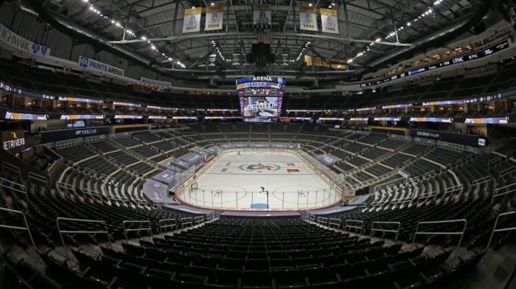 Apr 22, 2021; Pittsburgh, Pennsylvania, USA;  General interior view of the PPG Paints Arena before the Pittsburgh Penguins host the New Jersey Devils in an NHL Eastern Division hockey game. Mandatory Credit: Charles LeClaire-USA TODAY Sports