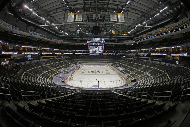 Apr 22, 2021; Pittsburgh, Pennsylvania, USA;  General interior view of the PPG Paints Arena before the Pittsburgh Penguins host the New Jersey Devils in an NHL Eastern Division hockey game. Mandatory Credit: Charles LeClaire-USA TODAY Sports