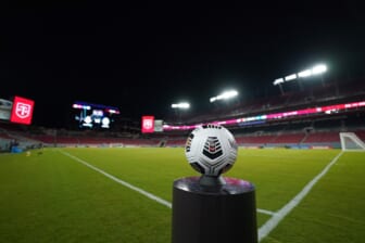 Apr 27, 2021; Tampa, Florida, USA; A general view of the match ball on a stand prior to the match between Toronto FC and Cruz Azul at Raymond James Stadium. Mandatory Credit: Jasen Vinlove-USA TODAY Sports