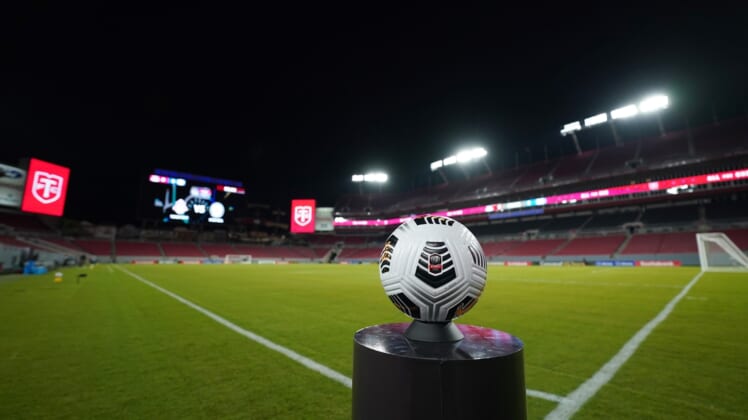 Apr 27, 2021; Tampa, Florida, USA; A general view of the match ball on a stand prior to the match between Toronto FC and Cruz Azul at Raymond James Stadium. Mandatory Credit: Jasen Vinlove-USA TODAY Sports