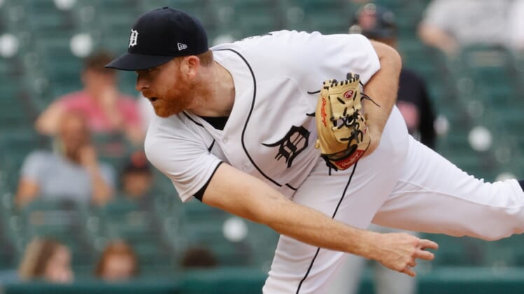 May 24, 2021; Detroit, Michigan, USA;  Detroit Tigers starting pitcher Spencer Turnbull (56) pitches in the third inning against the Cleveland Indians at Comerica Park. Mandatory Credit: Rick Osentoski-USA TODAY Sports