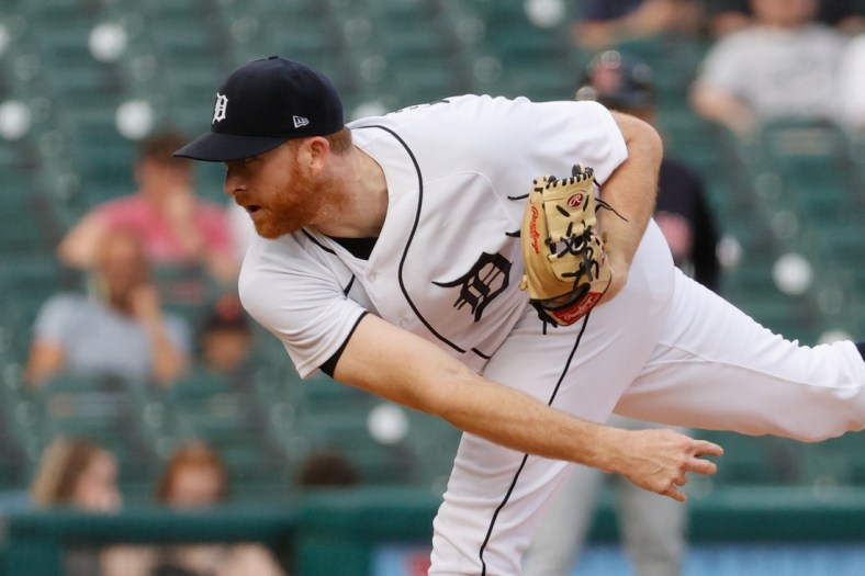 May 24, 2021; Detroit, Michigan, USA;  Detroit Tigers starting pitcher Spencer Turnbull (56) pitches in the third inning against the Cleveland Indians at Comerica Park. Mandatory Credit: Rick Osentoski-USA TODAY Sports