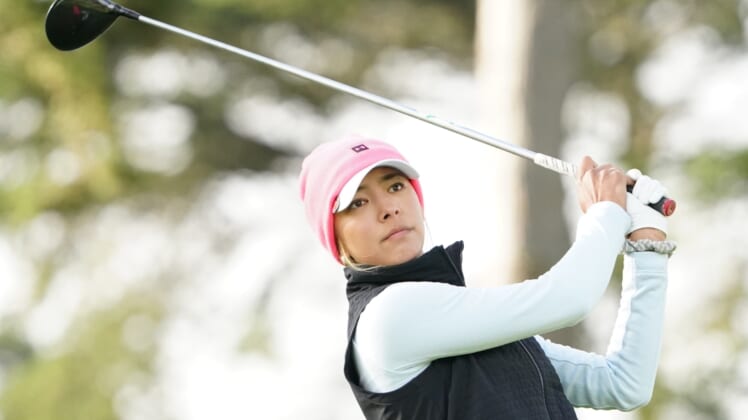 June 11, 2021; Daly City, California, USA; Alison Lee hits a tee shot on the 11th hole during the second round of the LPGA MEDIHEAL Championship golf tournament at Lake Merced Golf Club. Mandatory Credit: Kyle Terada-USA TODAY Sports