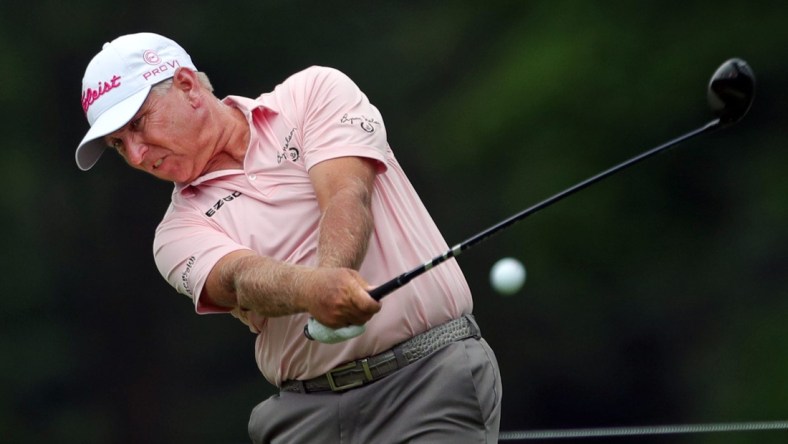 Scott Parel sends his ball down the No. 8 fairway during the third round of the Bridgestone Senior Players Championship at Firestone Country Club on Saturday, June 26, 2021, in Akron, Ohio.

Bridge R3 14