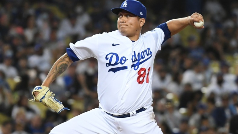 Jul 21, 2021; Los Angeles, California, USA; Los Angeles Dodgers relief pitcher Victor Gonzalez (81) pitches against the San Francisco Giants in the ninth inning at Dodger Stadium. Mandatory Credit: Richard Mackson-USA TODAY Sports