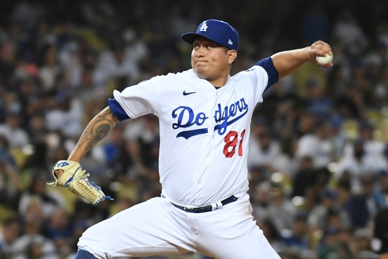 Jul 21, 2021; Los Angeles, California, USA; Los Angeles Dodgers relief pitcher Victor Gonzalez (81) pitches against the San Francisco Giants in the ninth inning at Dodger Stadium. Mandatory Credit: Richard Mackson-USA TODAY Sports