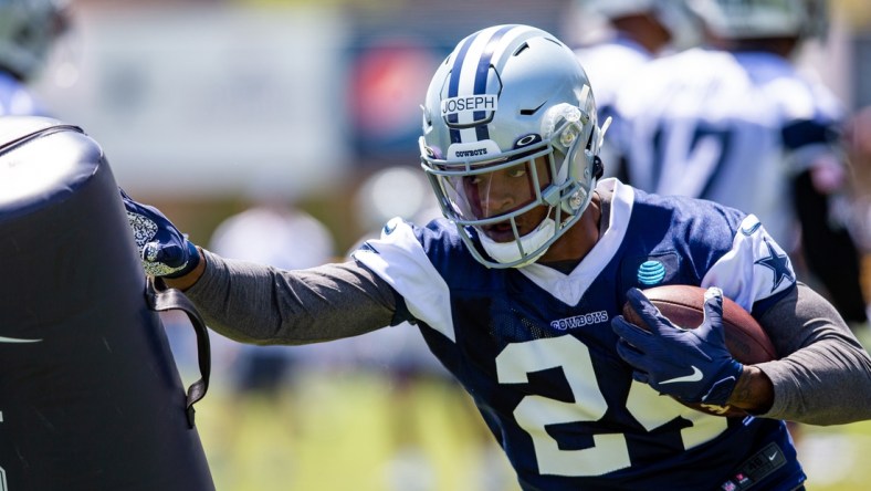 Jul 22, 2021; Oxnard, CA, USA; Dallas Cowboys cornerback Kelvin Joseph (24) during training camp practice at the Marriott Residence Inn. Mandatory Credit: Jason Parkhurst-USA TODAY Sports