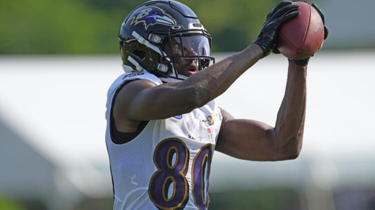 Jul 28, 2021; Owings Mills, MD, United States; Baltimore Ravens wide receiver Miles Boykin (80) makes a catch at Under Armour Performance Center. Mandatory Credit: Mitch Stringer-USA TODAY Sports