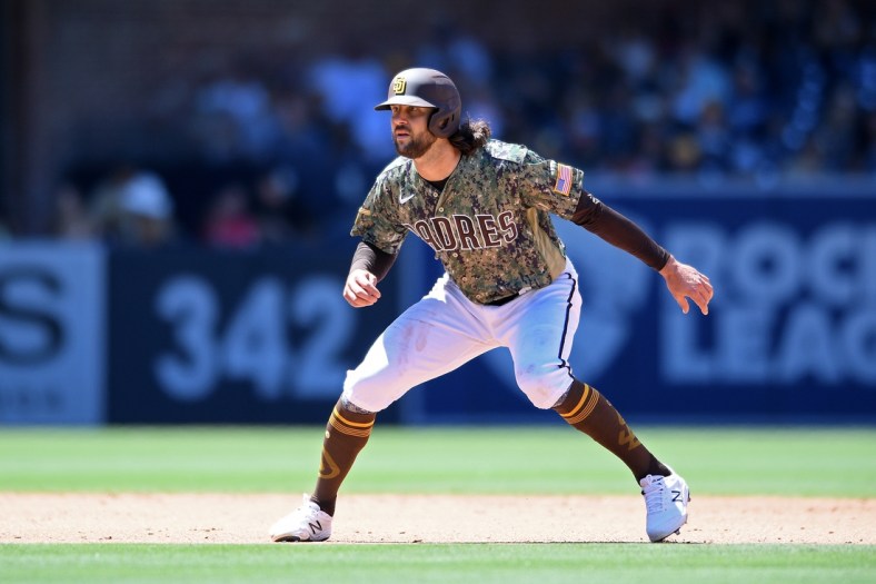 Aug 1, 2021; San Diego, California, USA; San Diego Padres center fielder Jake Marisnick (16) leads off second base during the fourth inning against the Colorado Rockies at Petco Park. Mandatory Credit: Orlando Ramirez-USA TODAY Sports