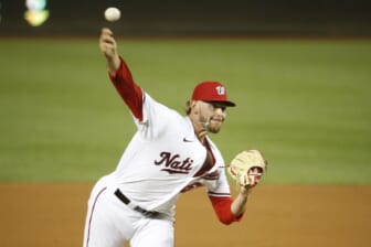 Aug 2, 2021; Washington, District of Columbia, USA; Washington Nationals relief pitcher Gabe Klobosits (68) throws the ball in the ninth inning against the Philadelphia Phillies at Nationals Park. Mandatory Credit: Amber Searls-USA TODAY Sports