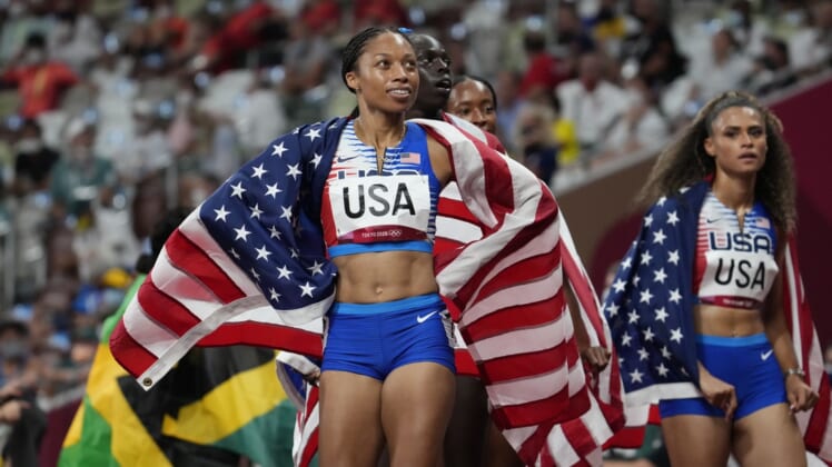 Aug 7, 2021; Tokyo, Japan; Allyson Felix (USA) reacts after USA won the 4x400m final during the Tokyo 2020 Summer Olympic Games at Olympic Stadium. Mandatory Credit: James Lang-USA TODAY Sports