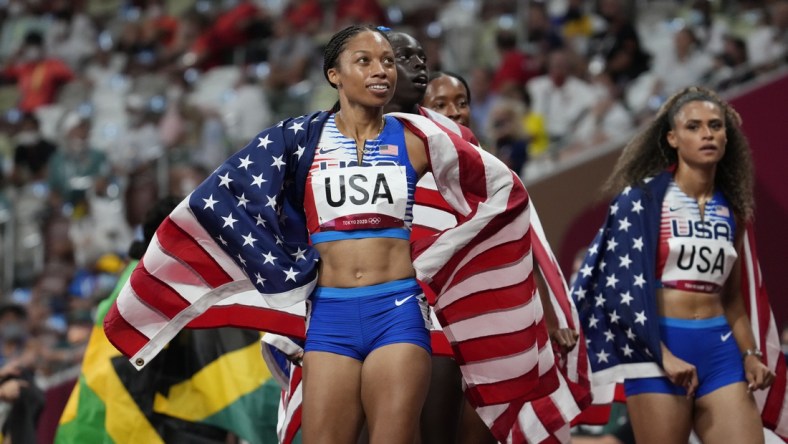 Aug 7, 2021; Tokyo, Japan; Allyson Felix (USA) reacts after USA won the 4x400m final during the Tokyo 2020 Summer Olympic Games at Olympic Stadium. Mandatory Credit: James Lang-USA TODAY Sports