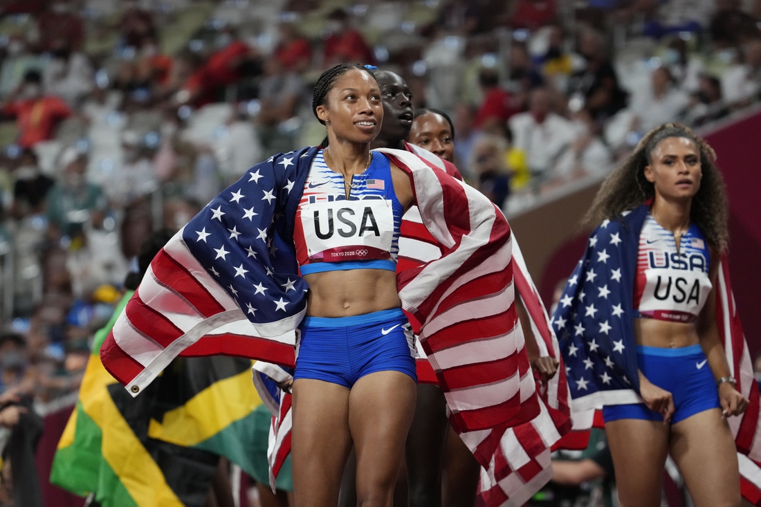 Aug 7, 2021; Tokyo, Japan; Allyson Felix (USA) reacts after USA won the 4x400m final during the Tokyo 2020 Summer Olympic Games at Olympic Stadium. Mandatory Credit: James Lang-USA TODAY Sports