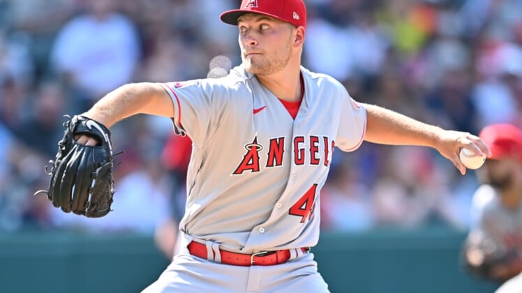 Aug 21, 2021; Cleveland, Ohio, USA; Los Angeles Angels starting pitcher Reid Detmers (48) throws a pitch during the first inning against the Cleveland Indians at Progressive Field. Mandatory Credit: Ken Blaze-USA TODAY Sports