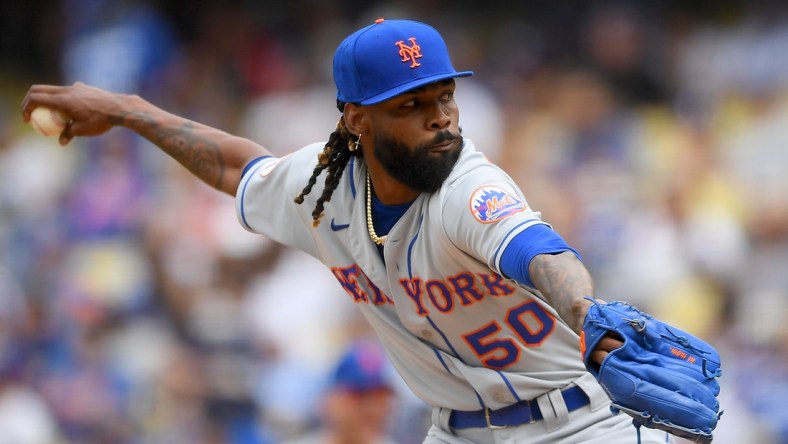 Aug 21, 2021; Los Angeles, California, USA;  New York Mets relief pitcher Miguel Castro (50) in the seventh inning against the Los Angeles Dodgers at Dodger Stadium. Mandatory Credit: Jayne Kamin-Oncea-USA TODAY Sports