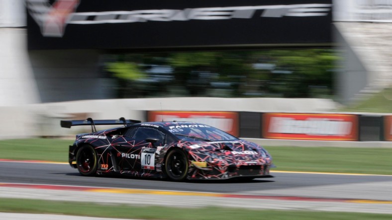 Bill Sweedler in his Lamborghini Huracan GT3 (10) exits turn six at Elkhart Lake's Road America, Saturday, August 28, 2021, near Plymouth, Wis.

She 082821 World Challenge At Road America Gck 006