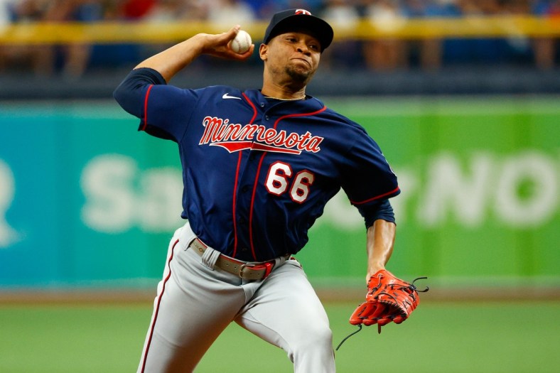Sep 5, 2021; St. Petersburg, Florida, USA;  Minnesota Twins relief pitcher Jorge Alcala (66) throws a pitch in the sixth inning against the Tampa Bay Rays at Tropicana Field. Mandatory Credit: Nathan Ray Seebeck-USA TODAY Sports