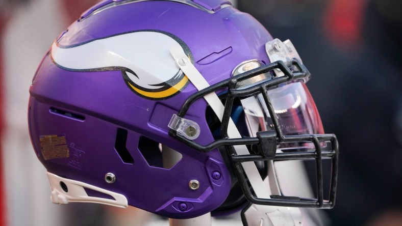 Aug 27, 2021; Kansas City, Missouri, USA; A general view of a Minnesota Vikings helmet before the game against the Kansas City Chiefs at GEHA Field at Arrowhead Stadium. Mandatory Credit: Denny Medley-USA TODAY Sports