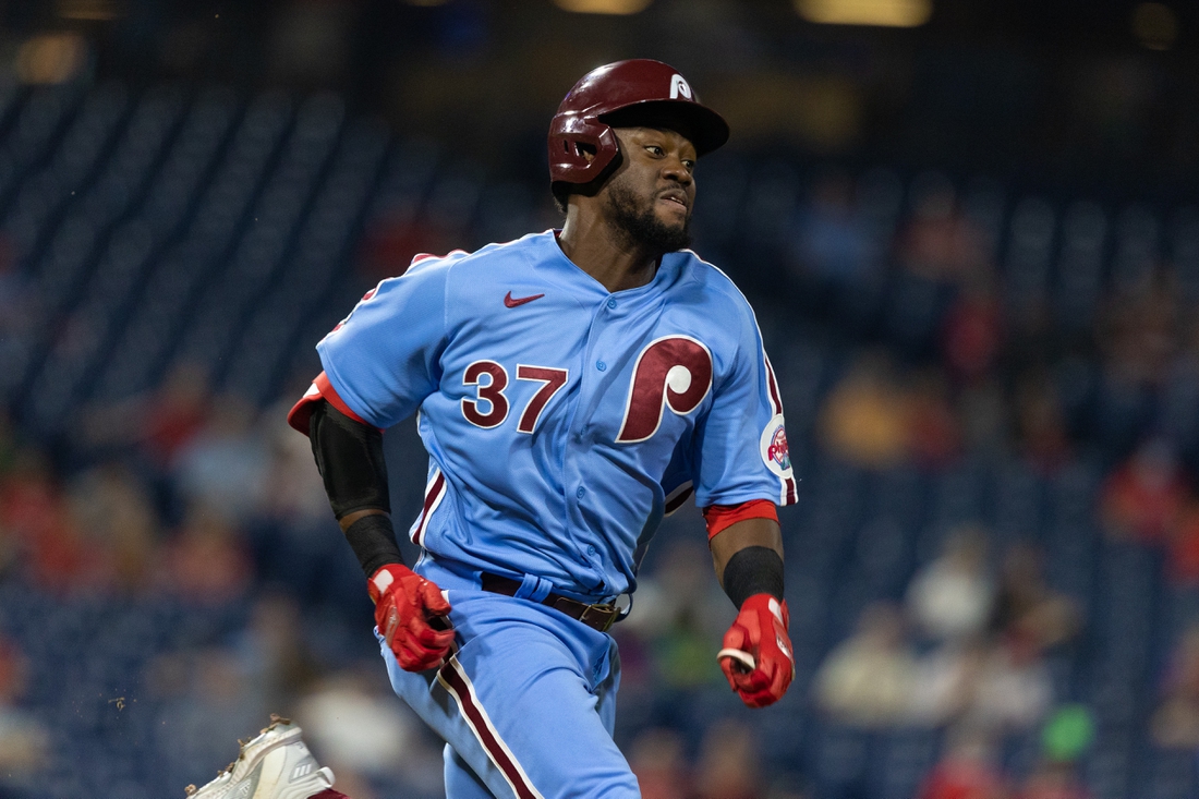 Sep 9, 2021; Philadelphia, Pennsylvania, USA; Philadelphia Phillies center fielder Odubel Herrera (37) runs the bases after hitting a single against the Colorado Rockies during the sixth inning at Citizens Bank Park. Mandatory Credit: Bill Streicher-USA TODAY Sports